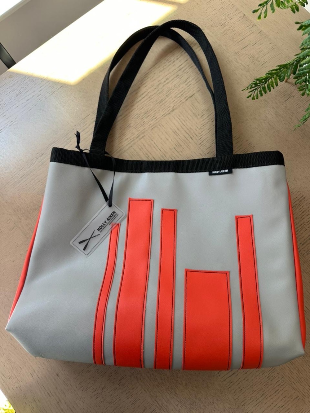 Holly Aiken Designer Tote Bag Gray Coral Stripe Appliqué NWT Vegan Leather